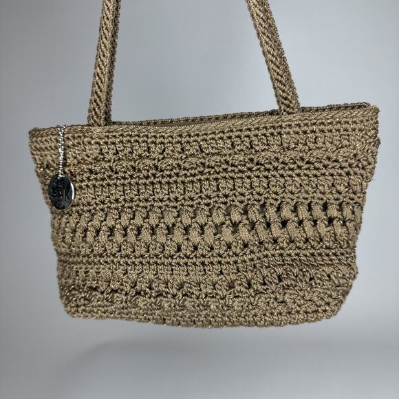 The Sak Vintage Crochet Shoulder Small Bag Boho Braided Handles Brown Neutral - Picture 3 of 16